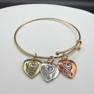 Gold Tone Live Laugh Love Heart Charm Rhinestone Hook Bangle Bracelet Jewelry